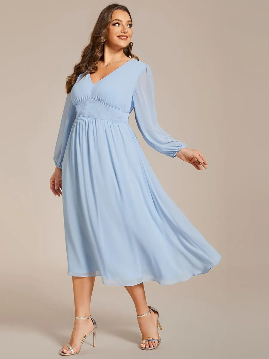 Tari knee length regular and plus size long sleeve chiffon dress