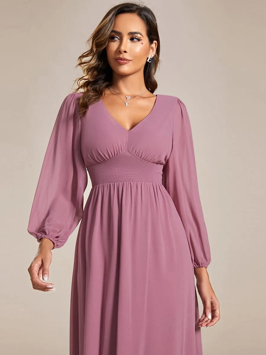 Tari knee length regular and plus size long sleeve chiffon dress