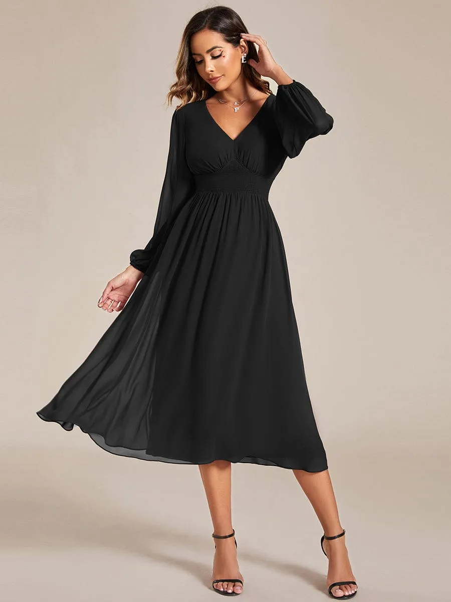Tari knee length regular and plus size long sleeve chiffon dress