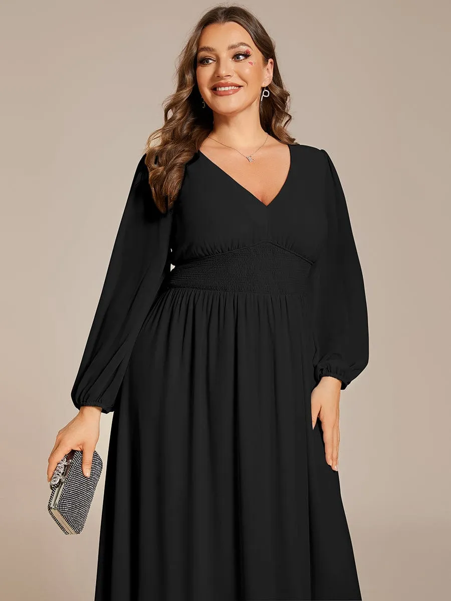Tari knee length regular and plus size long sleeve chiffon dress
