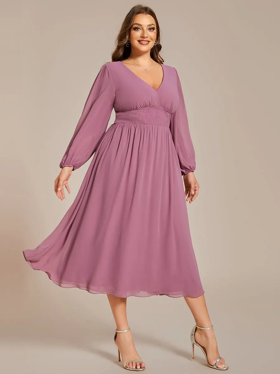 Tari knee length regular and plus size long sleeve chiffon dress