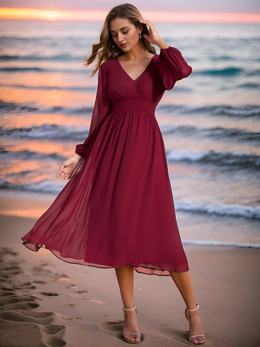 Tari knee length regular and plus size long sleeve chiffon dress