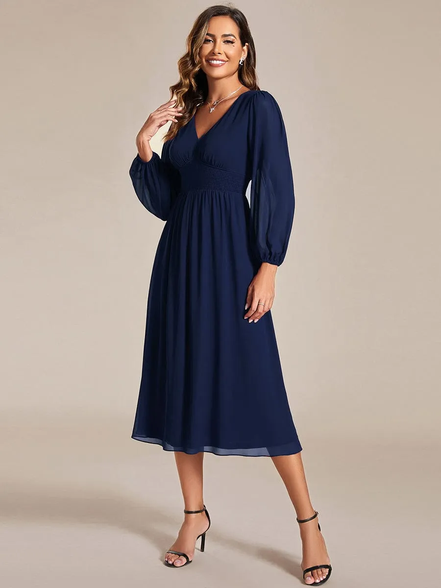 Tari knee length regular and plus size long sleeve chiffon dress