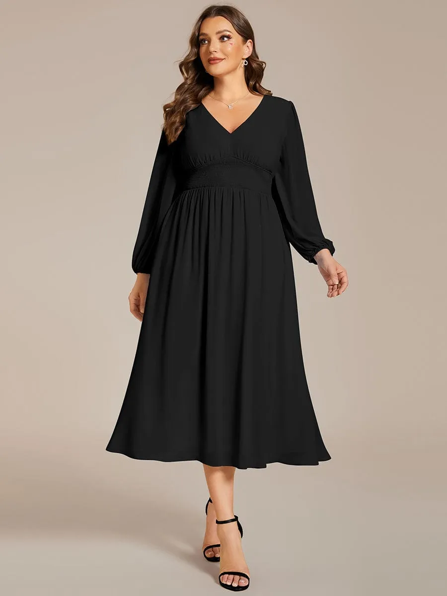 Tari knee length regular and plus size long sleeve chiffon dress