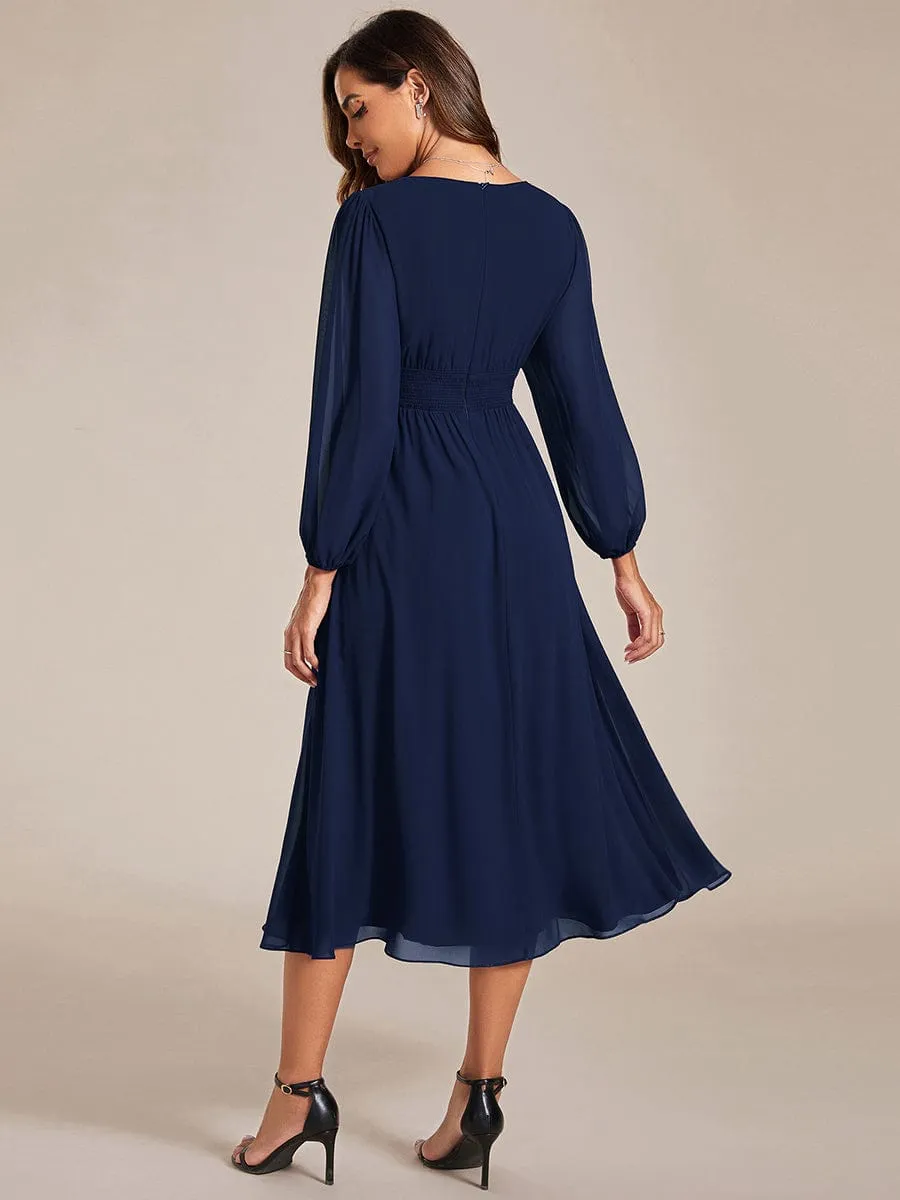 Tari knee length regular and plus size long sleeve chiffon dress