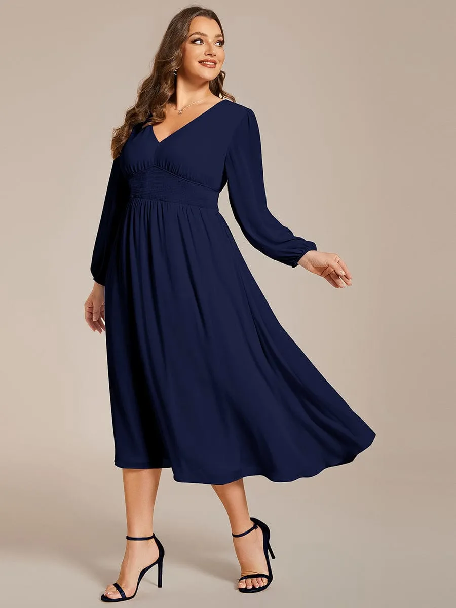 Tari knee length regular and plus size long sleeve chiffon dress