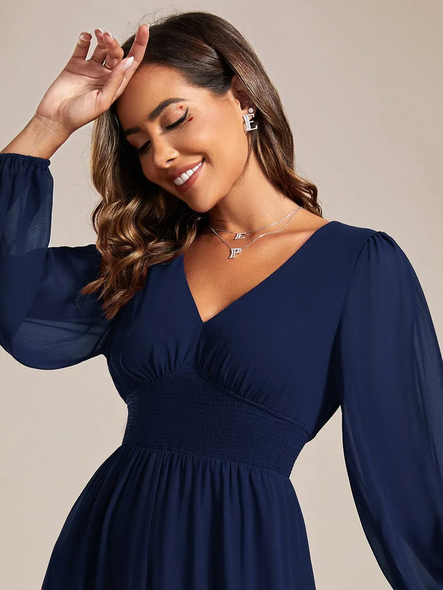 Tari knee length regular and plus size long sleeve chiffon dress