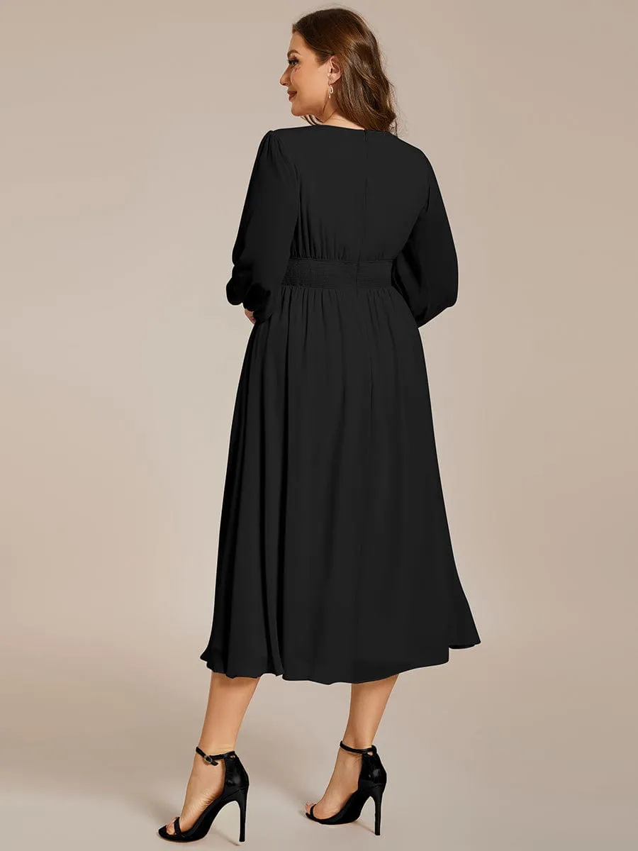 Tari knee length regular and plus size long sleeve chiffon dress