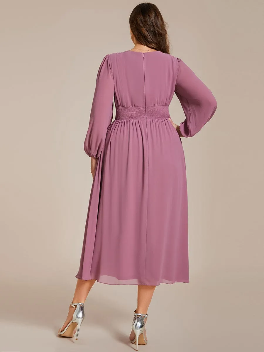 Tari knee length regular and plus size long sleeve chiffon dress
