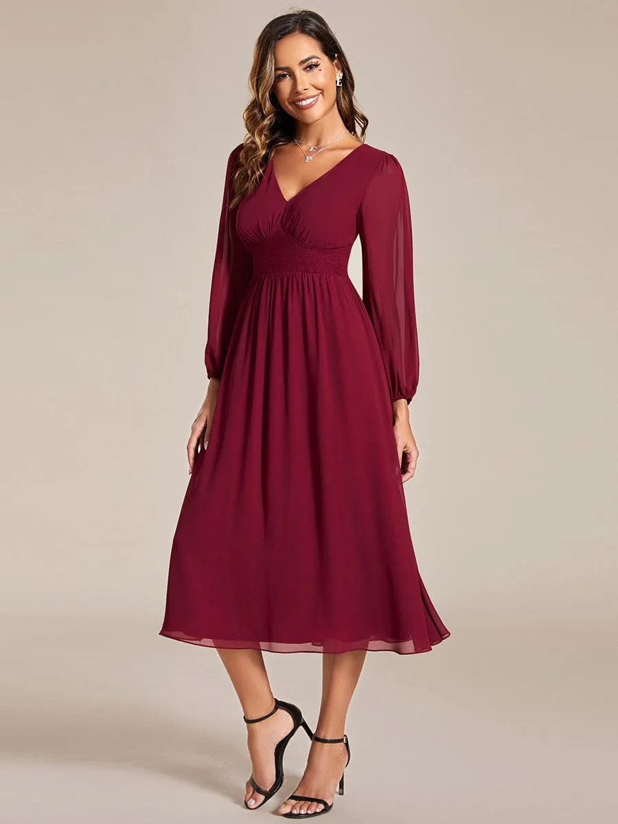 Tari knee length regular and plus size long sleeve chiffon dress
