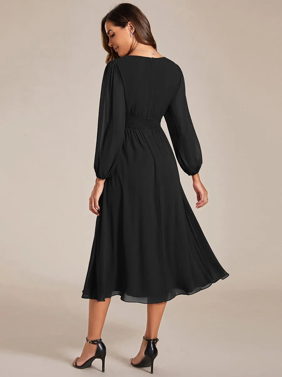 Tari knee length regular and plus size long sleeve chiffon dress