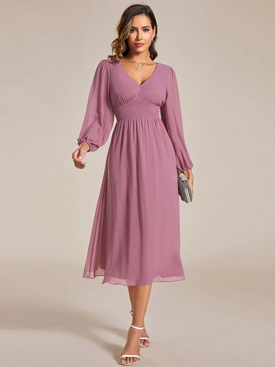 Tari knee length regular and plus size long sleeve chiffon dress