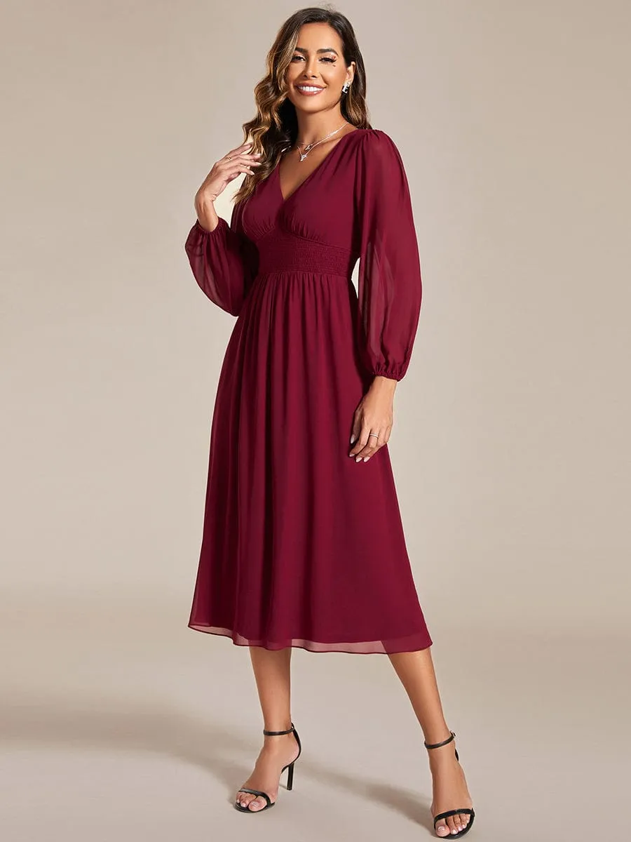 Tari knee length regular and plus size long sleeve chiffon dress