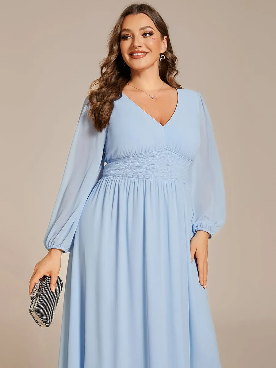 Tari knee length regular and plus size long sleeve chiffon dress