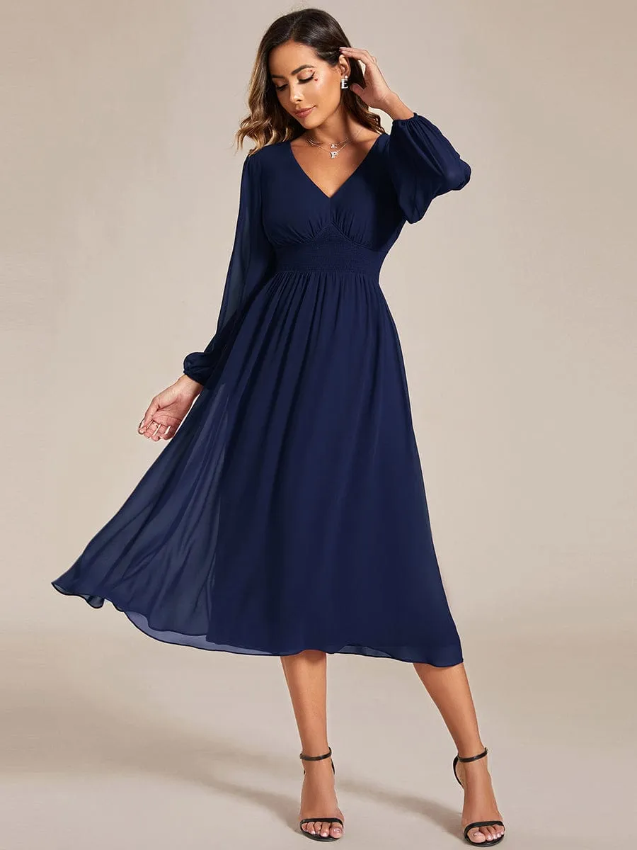 Tari knee length regular and plus size long sleeve chiffon dress