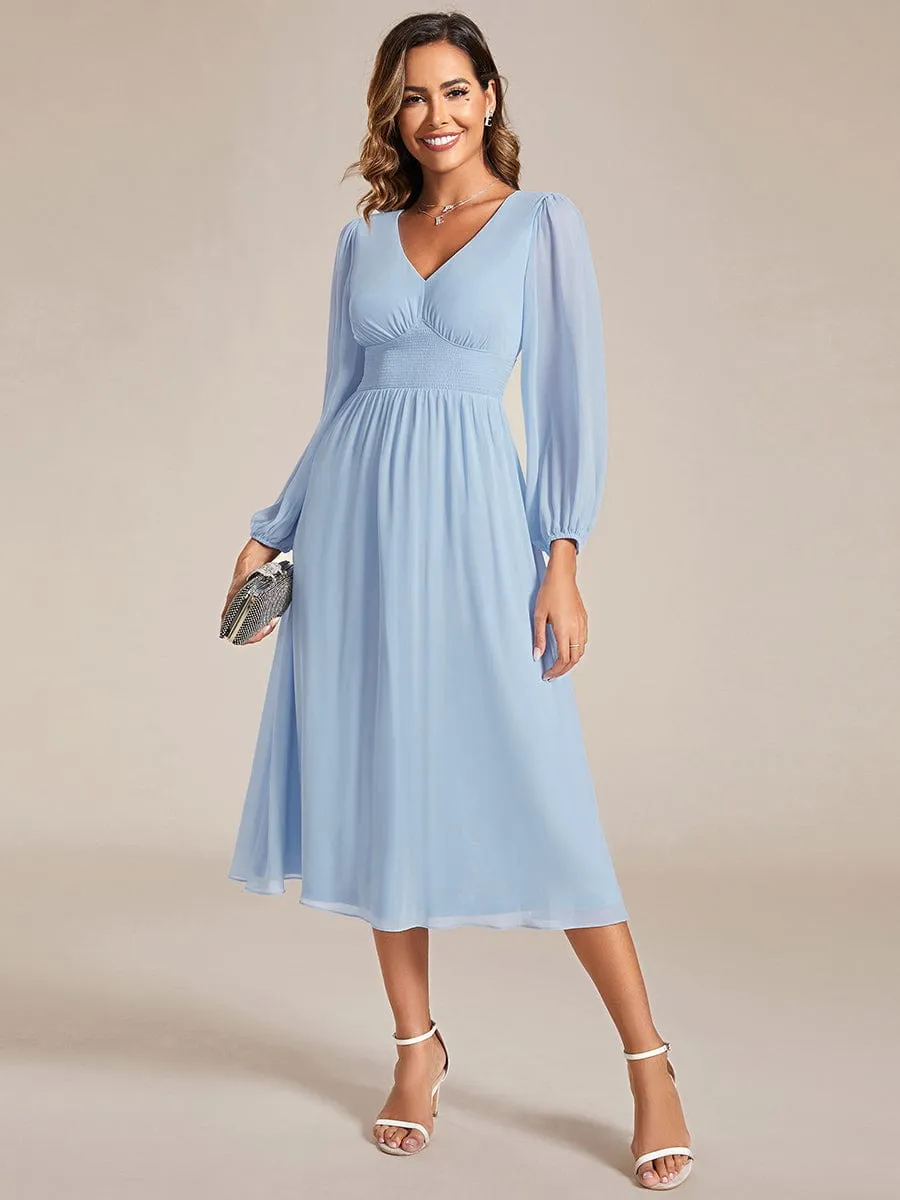 Tari knee length regular and plus size long sleeve chiffon dress