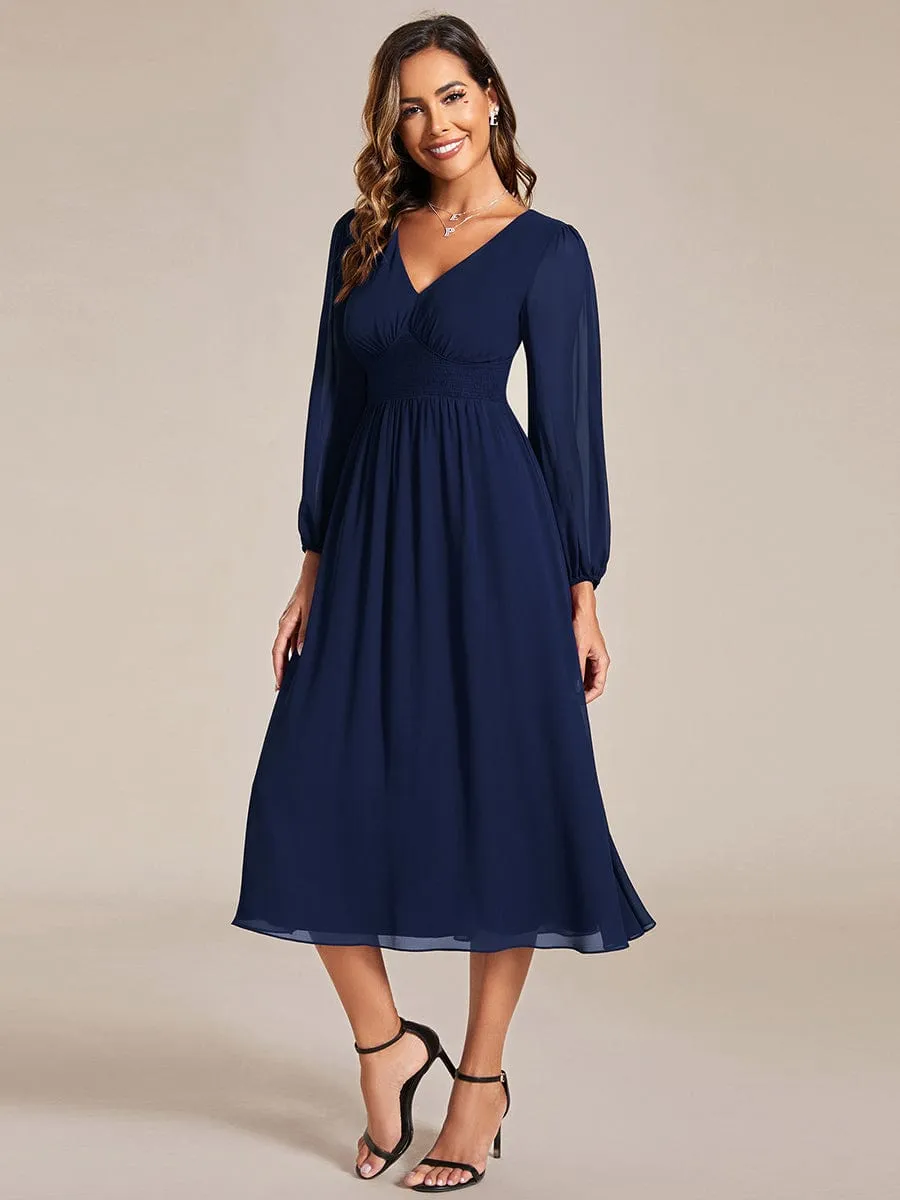 Tari knee length regular and plus size long sleeve chiffon dress