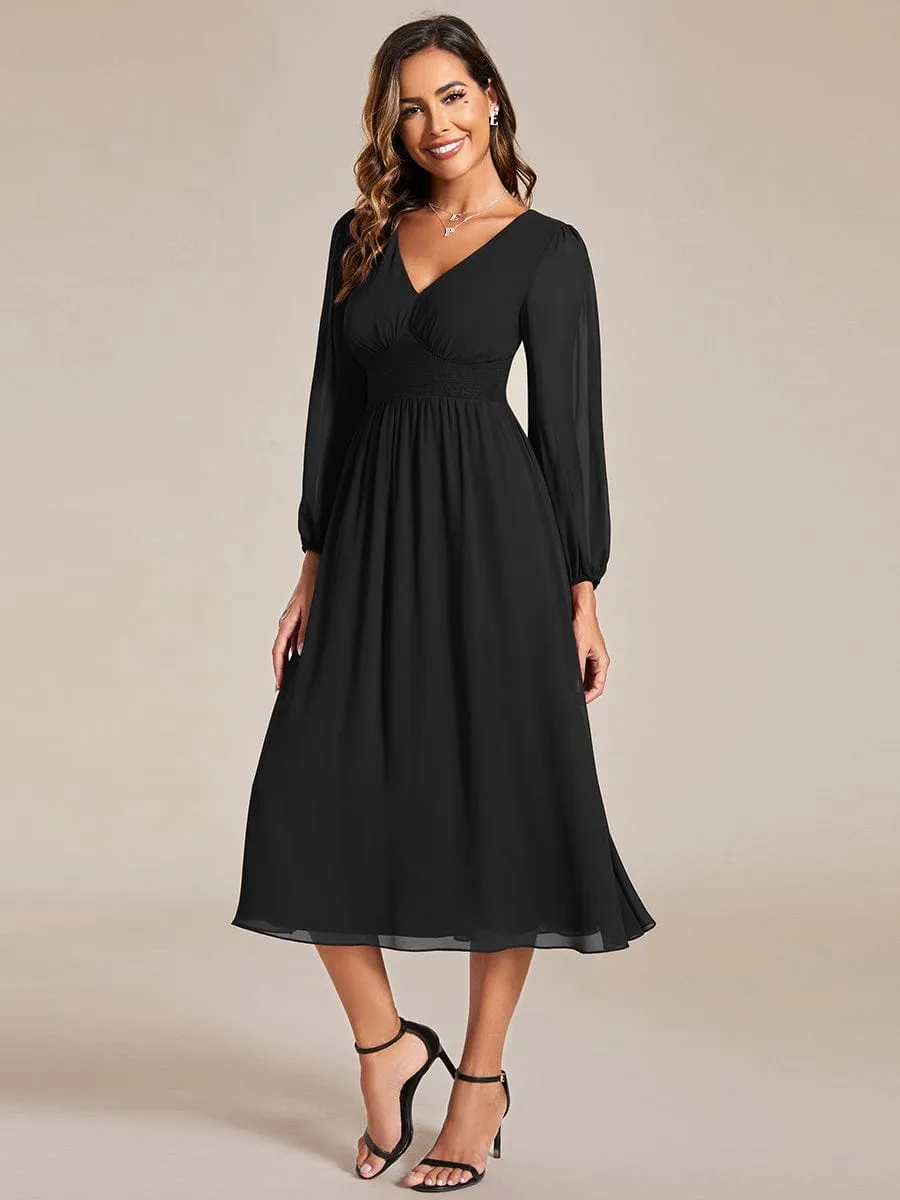 Tari knee length regular and plus size long sleeve chiffon dress