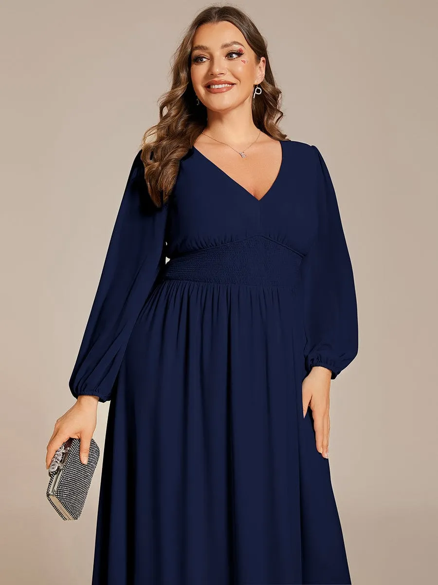 Tari knee length regular and plus size long sleeve chiffon dress