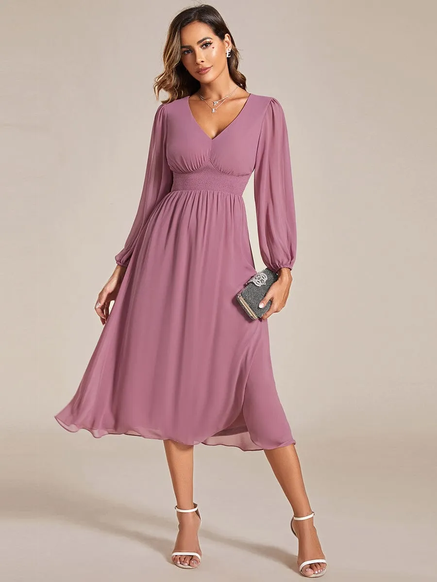 Tari knee length regular and plus size long sleeve chiffon dress