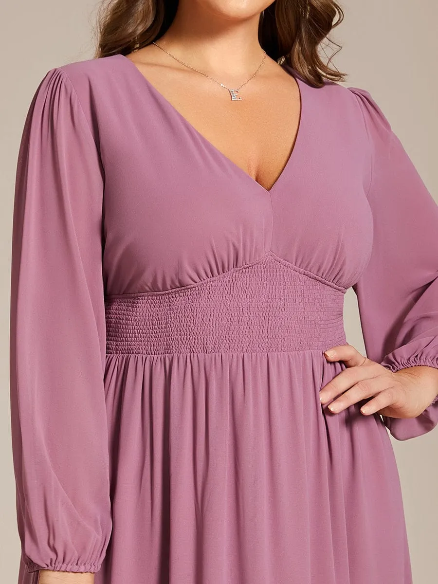 Tari knee length regular and plus size long sleeve chiffon dress