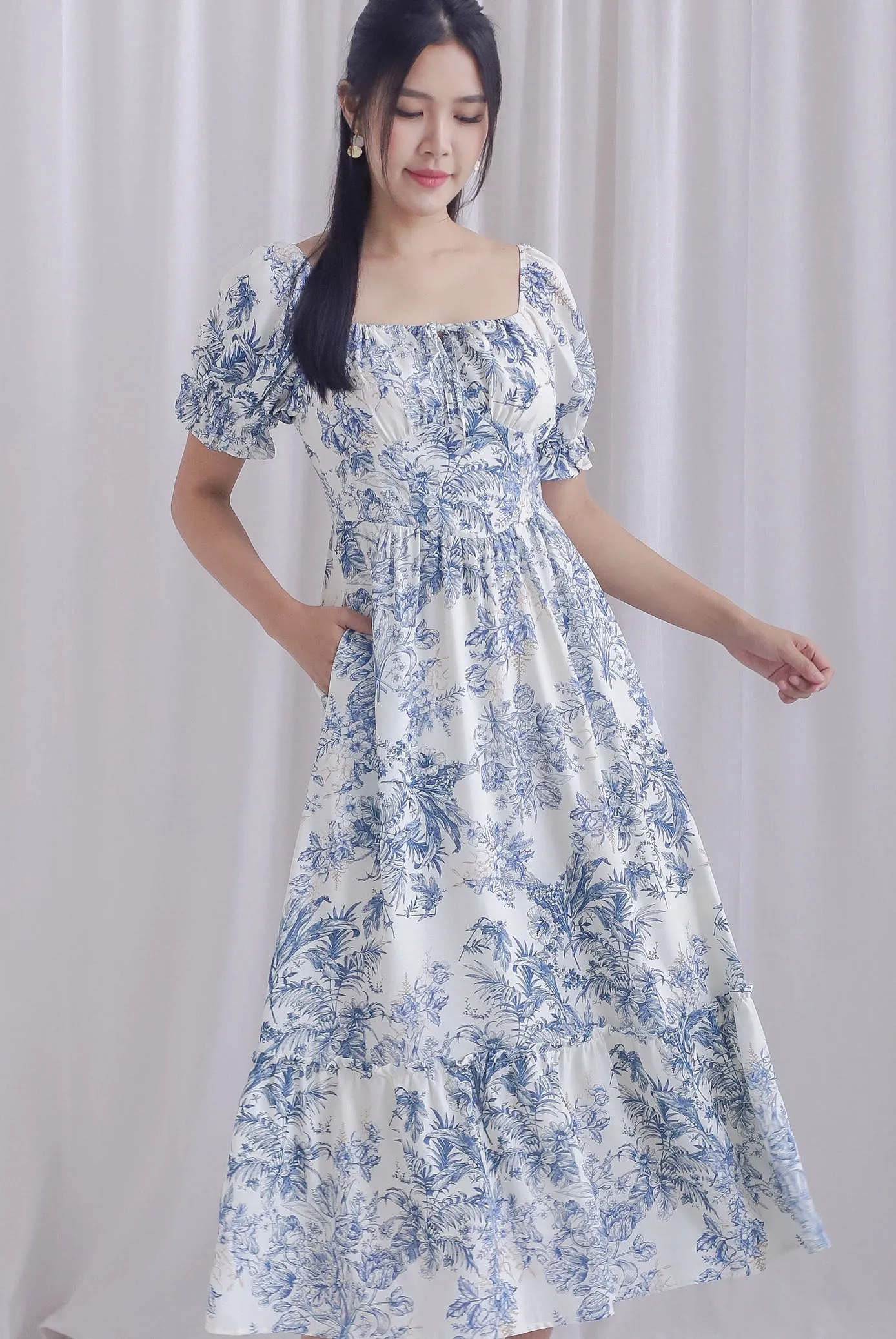 TDC Elsie Chinoiserie Tie Bustier Sleeved Maxi Dress