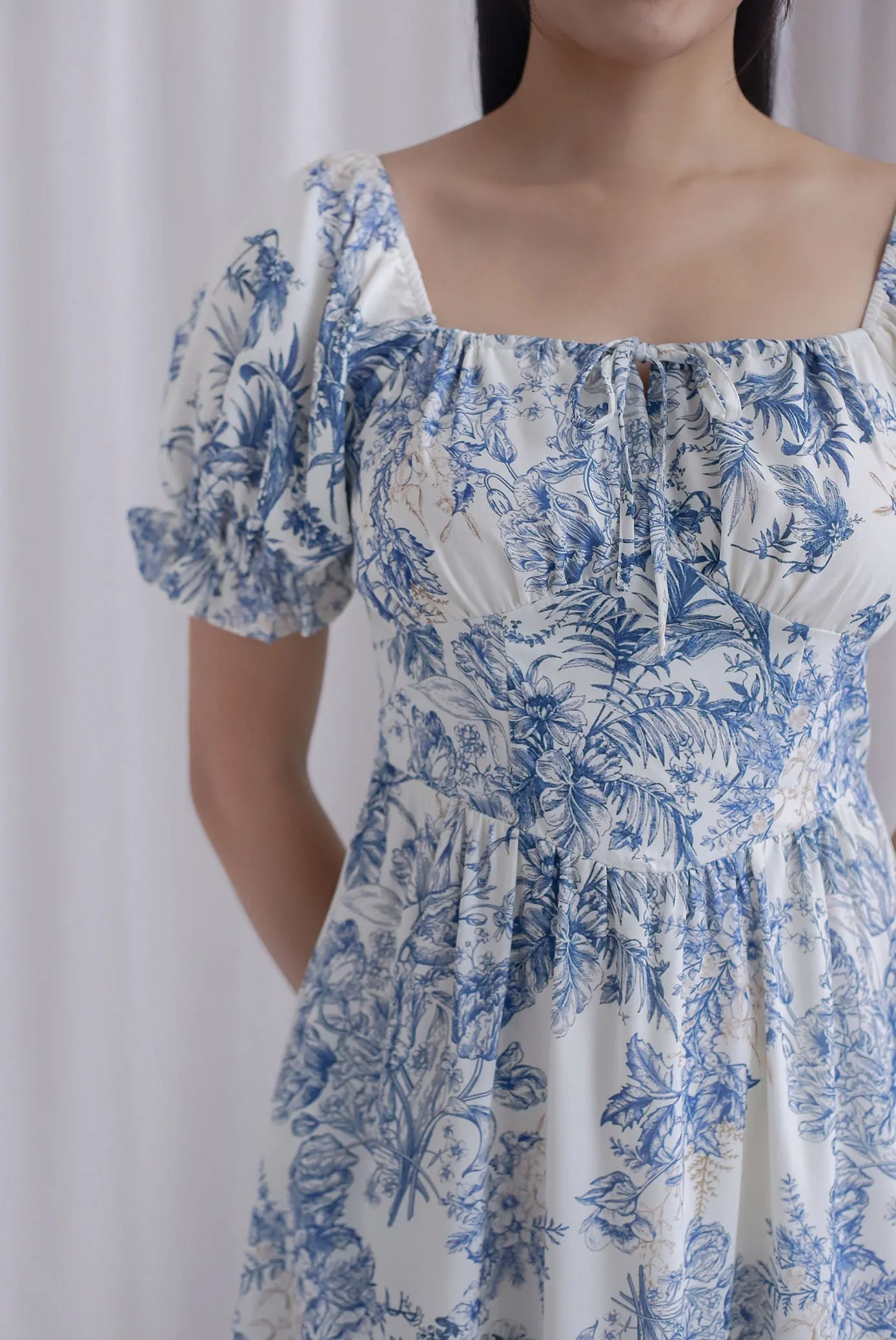 TDC Elsie Chinoiserie Tie Bustier Sleeved Maxi Dress
