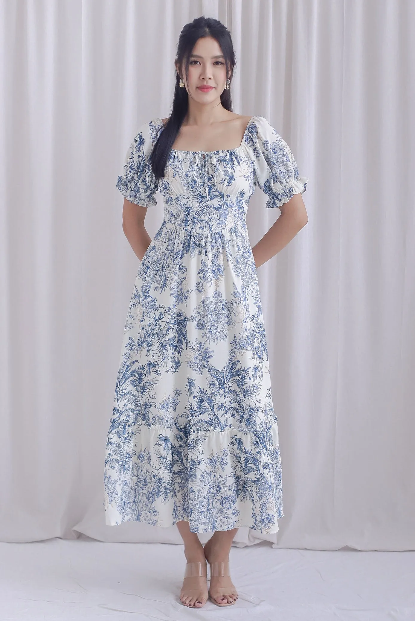 TDC Elsie Chinoiserie Tie Bustier Sleeved Maxi Dress