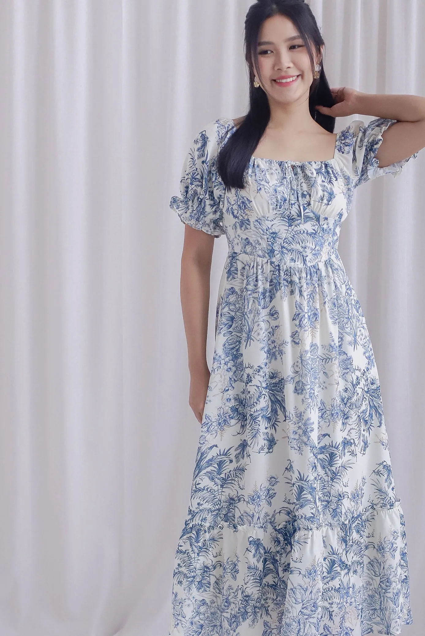 TDC Elsie Chinoiserie Tie Bustier Sleeved Maxi Dress
