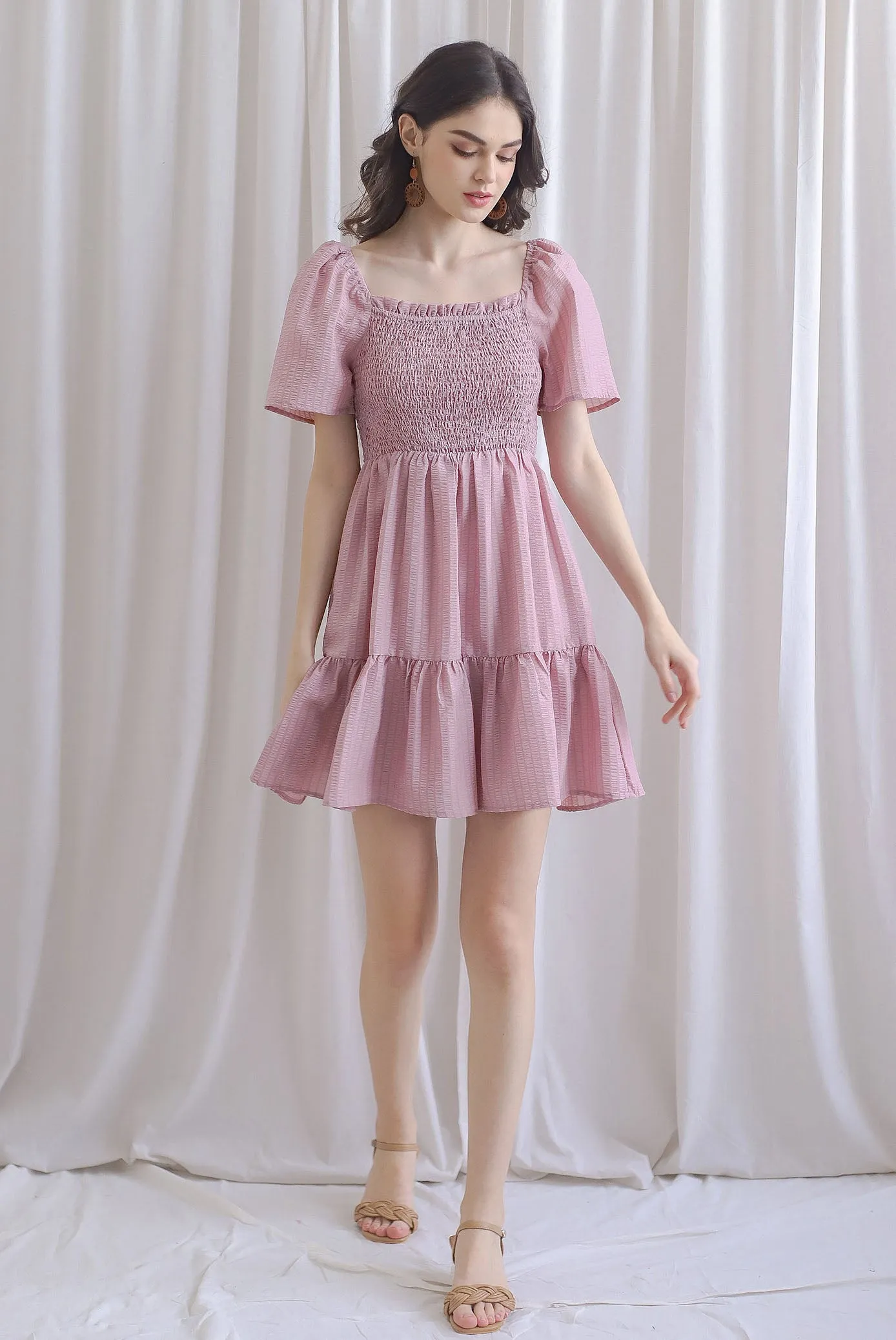 TDC Trinny Flutter Sleeve Smock Dress In Mauve