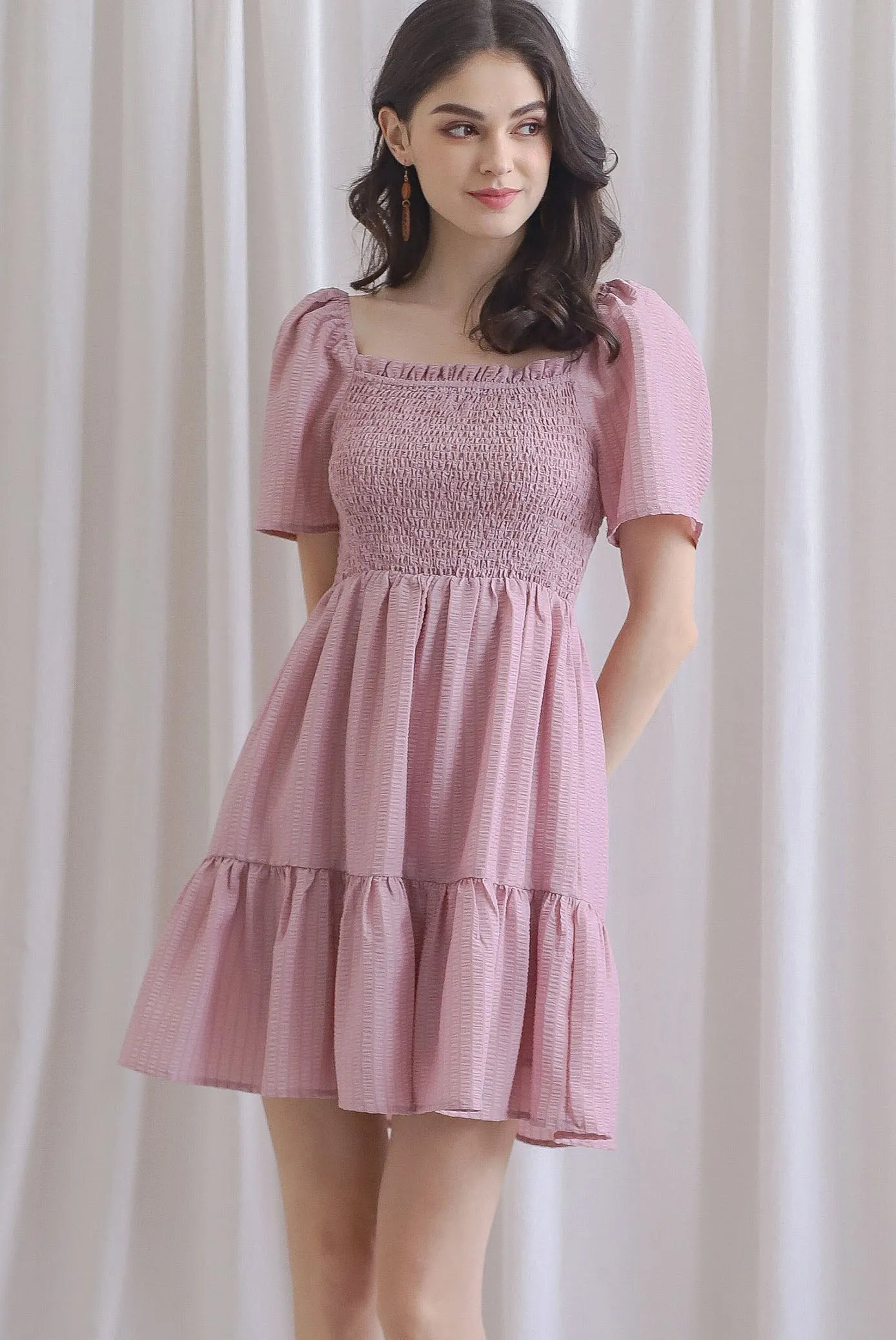 TDC Trinny Flutter Sleeve Smock Dress In Mauve