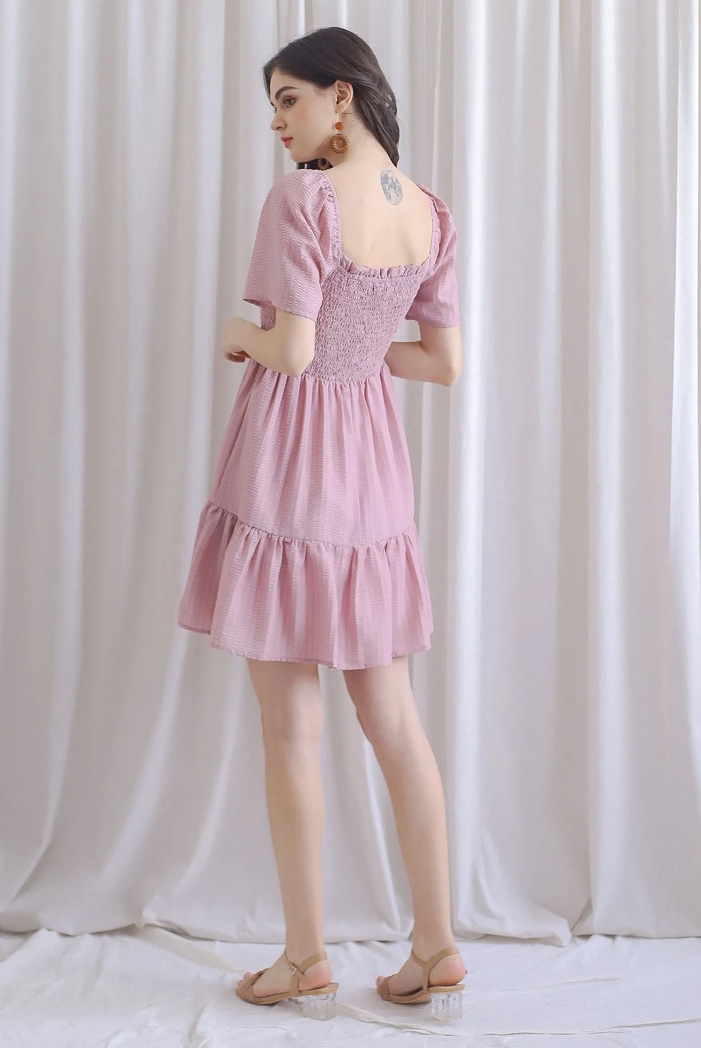 TDC Trinny Flutter Sleeve Smock Dress In Mauve