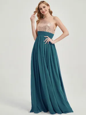 Teal One-Shoulder Sequin Chiffon Floor Length A-Line Bridesmaid Dress