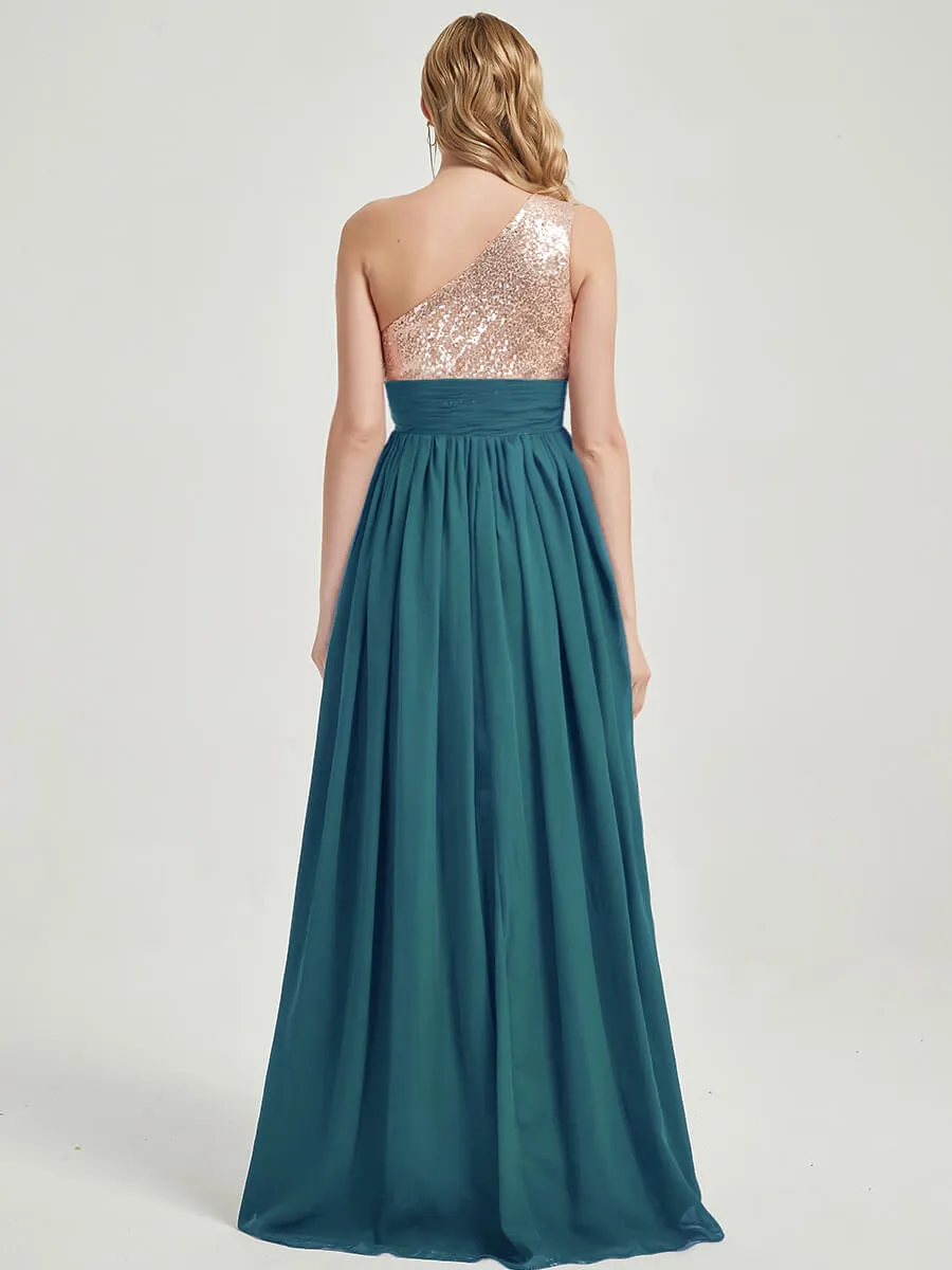 Teal One-Shoulder Sequin Chiffon Floor Length A-Line Bridesmaid Dress
