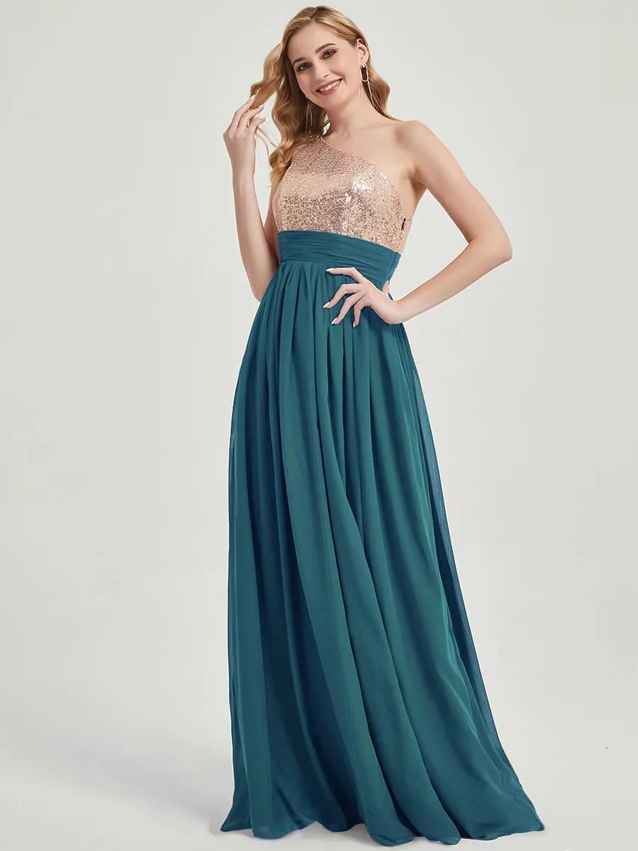 Teal One-Shoulder Sequin Chiffon Floor Length A-Line Bridesmaid Dress