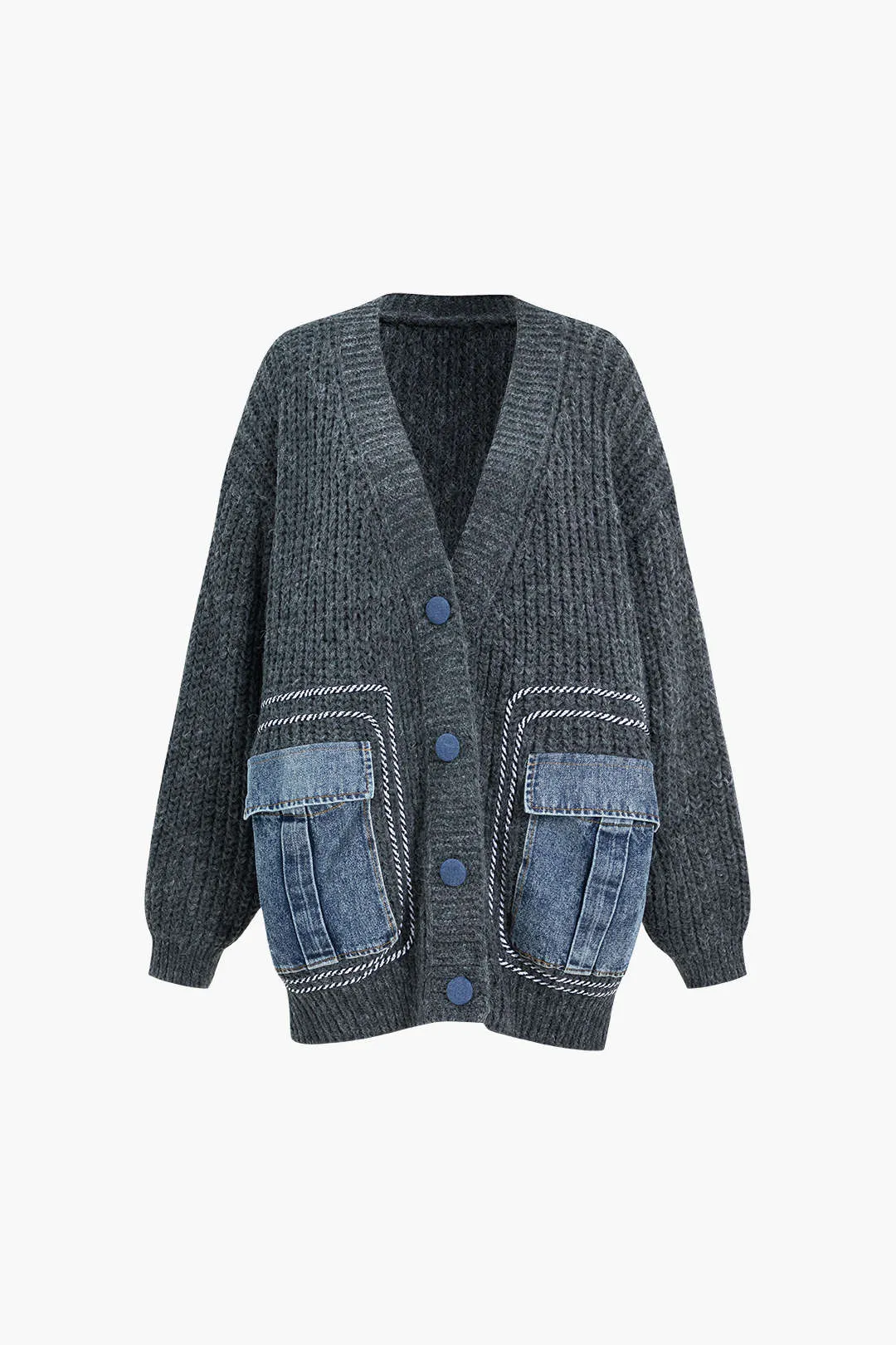 Terri - Denim Patchwork Button Pocket Woman's Cardigan