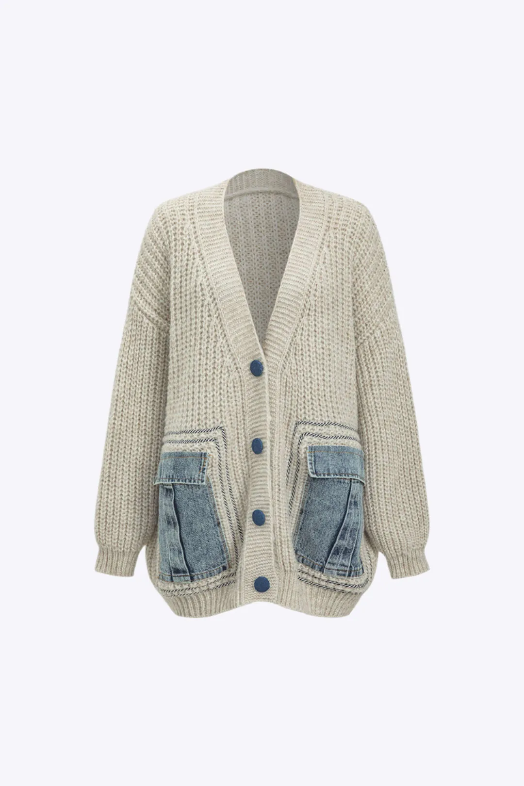 Terri - Denim Patchwork Button Pocket Woman's Cardigan