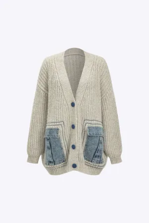Terri - Denim Patchwork Button Pocket Woman's Cardigan