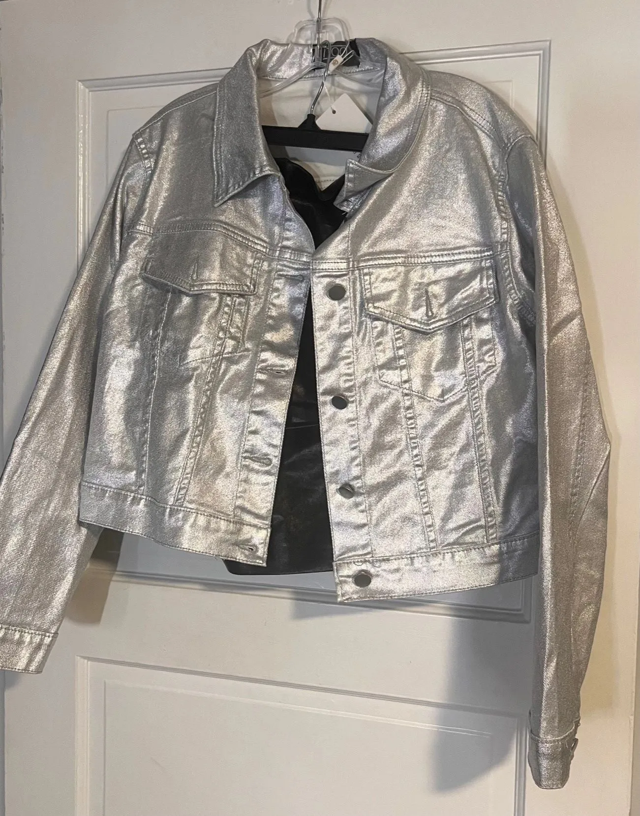 The Jackie Metallic Silver Coated Button Up Jacket by ITOO