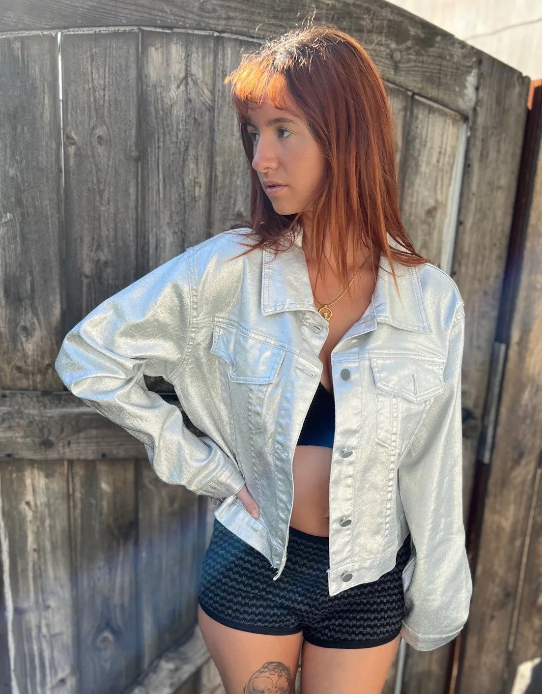 The Jackie Metallic Silver Coated Button Up Jacket by ITOO