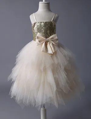 Thin Straps Gold Sequin Champagne Tulle Ruffle flower girl dress
