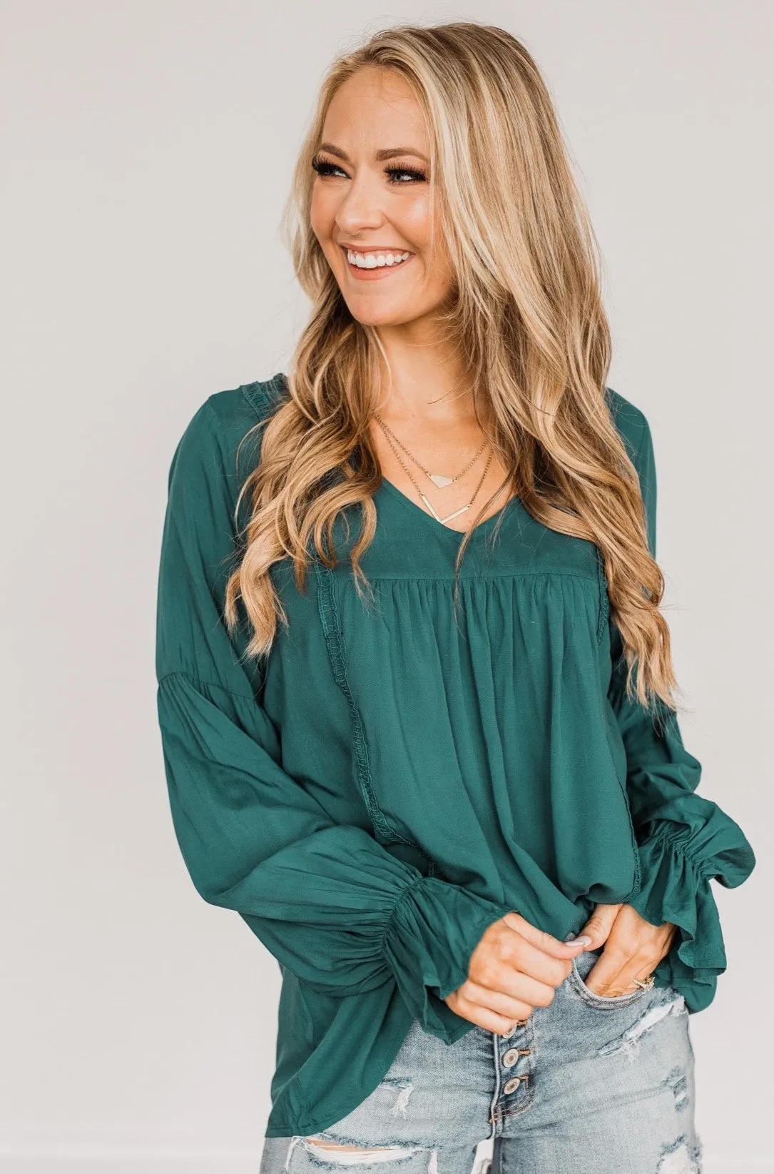 Thoughtful Moments V-Neck Blouse- Dark Teal