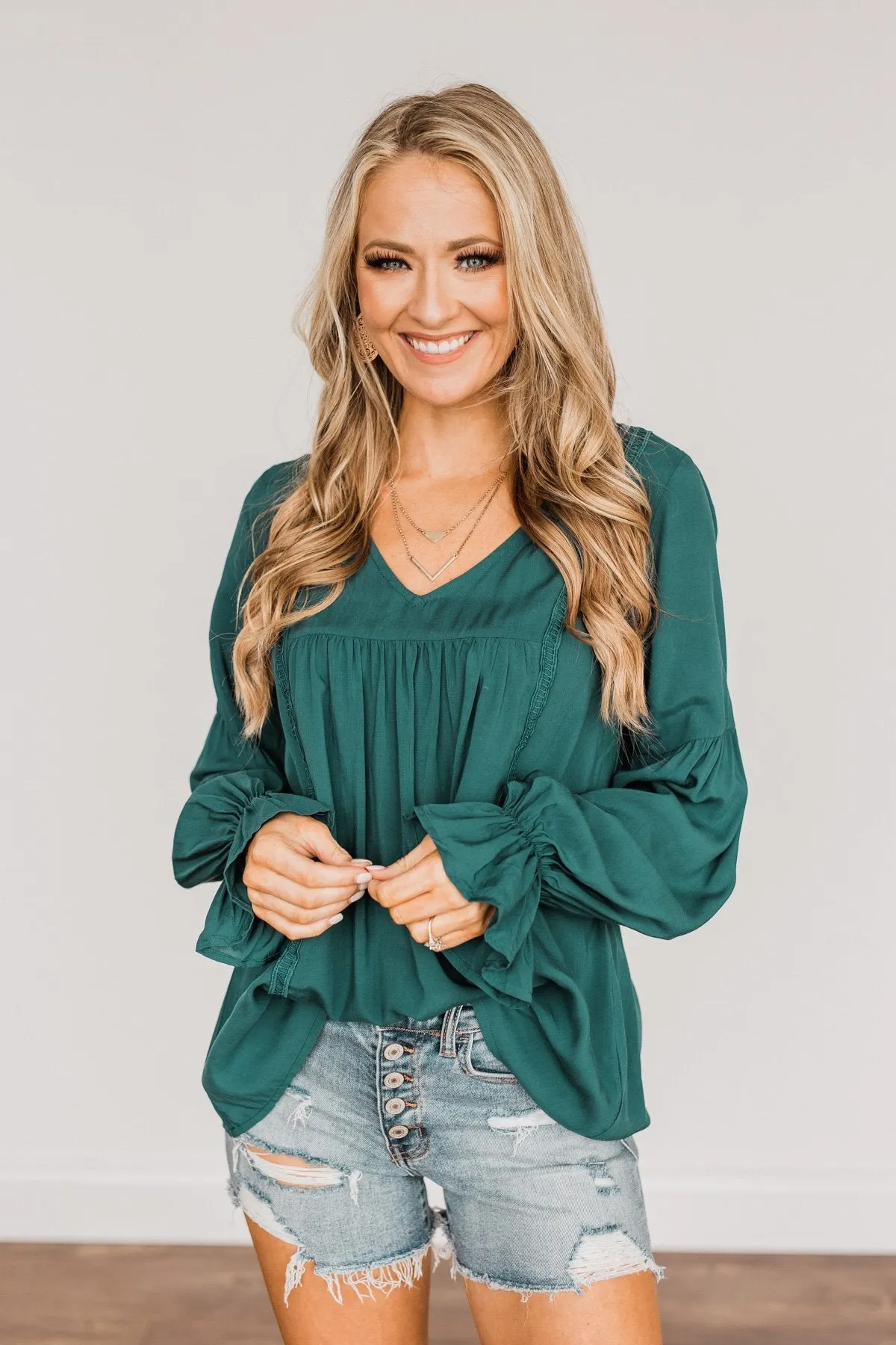Thoughtful Moments V-Neck Blouse- Dark Teal
