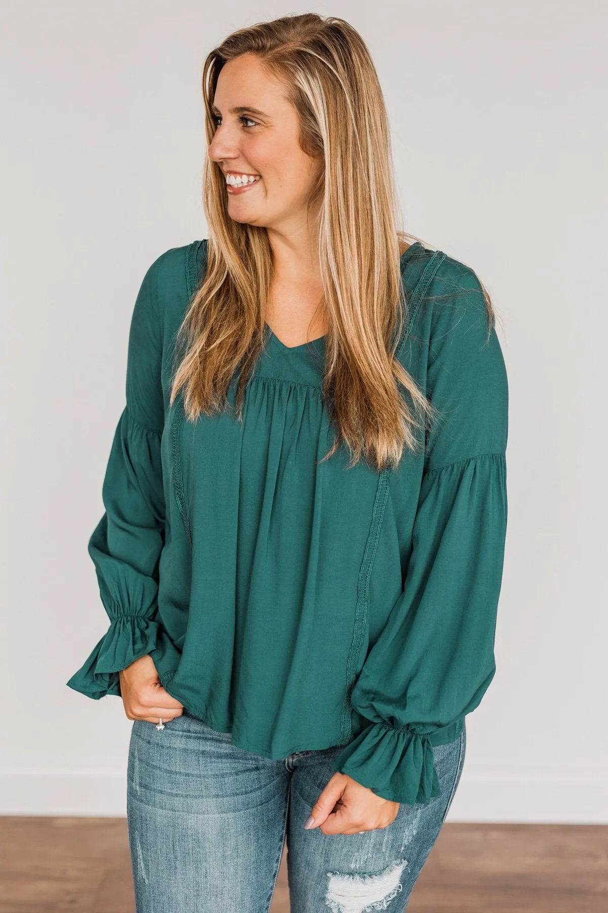 Thoughtful Moments V-Neck Blouse- Dark Teal