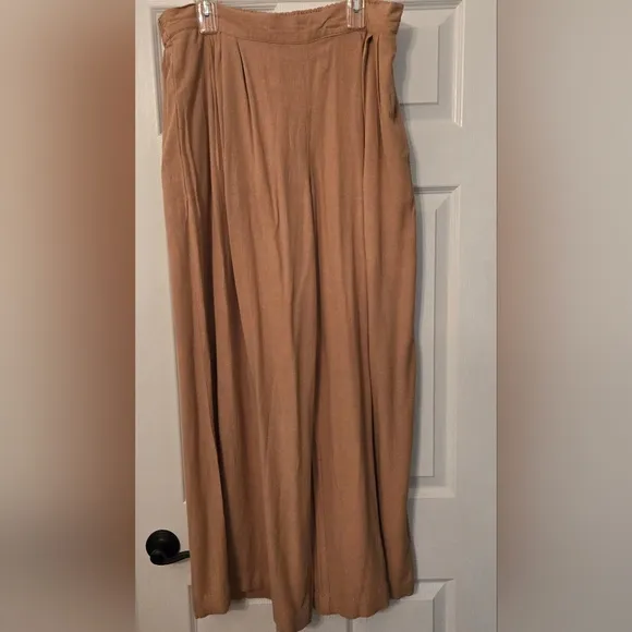 Tribal Jeans Linen Blend Jacket and Palazzo Wide Leg Pants Set Caramel Color