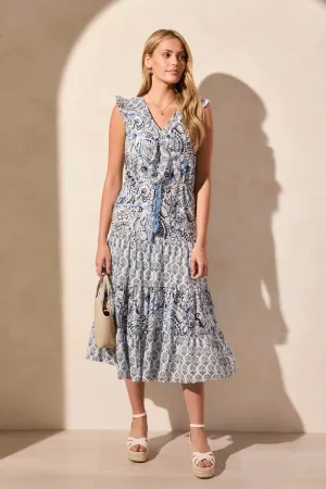Tribal Printed V Neck Midi Dress W/ Drawcord Waist
