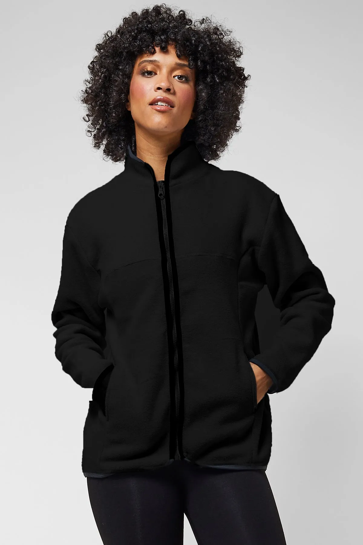 Trimmed Fleece Jacket with Pockets Black