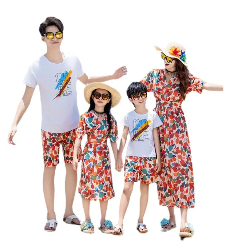 Tropical Matching Family Beach Outfits  Colorful Leaf Print Summer Dresses & Shorts Set