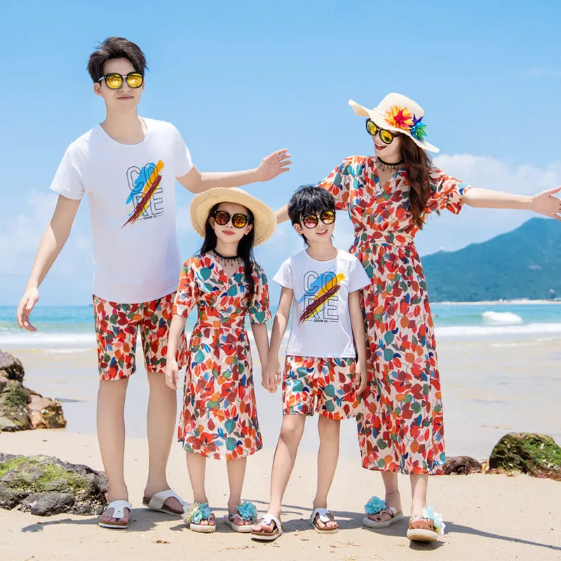 Tropical Matching Family Beach Outfits  Colorful Leaf Print Summer Dresses & Shorts Set