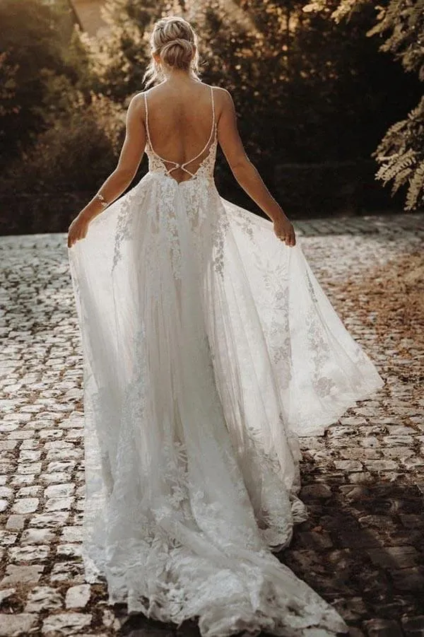 Tulle A-line Deep V-neck Spaghetti Straps Open Back Lace Wedding Dresses, SW630